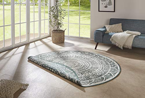 NORTHRUGS In- und Outdoor Teppich Siruma Rund ⌀140cm - Wendeteppich Wetterfest Orientalisches Vintage Design Läufer für Balkon Terrasse Garten Wintergarten Wohnzimmerteppich Wasserfest in Grün Creme