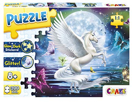 CRAZE Puzzle Moonlight Pegasus 200+ Teile mit Glitzerdruck und Leuchtsternen Pegasus-Puzzle für Kinder ab 8 Jahren