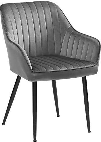 SONGMICS Esszimmerstuhl, Küchenstuhl, Sessel, Samt, Polsterstuhl mit Armlehnen, Loungesessel, bis 120 kg belastbar, Metallbeine, für Esszimmer, Küche, hellgrau-tintenschwarz LDC087G03