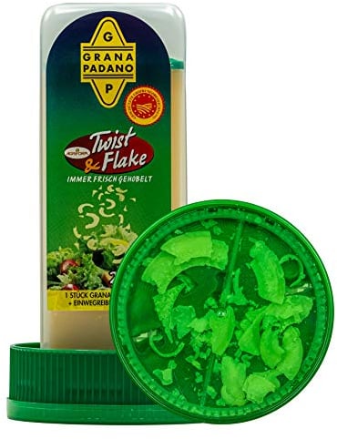 Food-United GRANA PADANO DOP g.U Twist & Flake 150g mit Käse-Reibe-Mühle - Formaggio-Italiano-Italienischer-Parmesan-Hartkäse für Pizza Carpaccio Salat Gratin