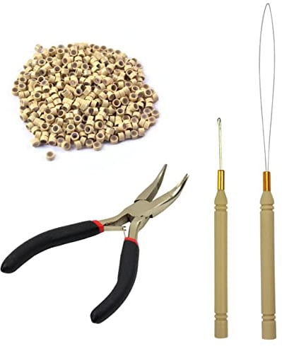 Microring Haarverlängerung Set mit 1 Microring Hair Zangen 1 Stück Microring Nadel Einfädler 1 Ziehen Haken und 500 Stück Microringe für Haarverlängerung Zubehör (Blond)