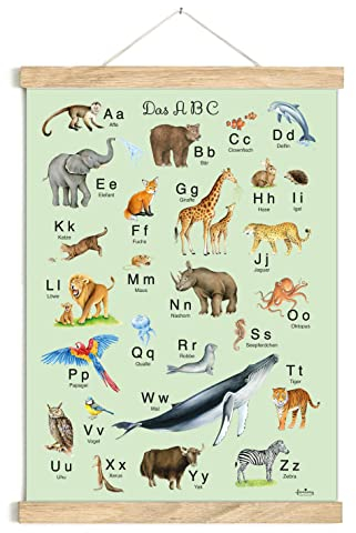 fioniony ABC POSTER 50 x 70 cm TIERE UNGERAHMT OHNE HOLZLEISTE in Grün Tierposter Alphabet Lernposter Schulanfang 1. Klasse Kinderzimmer Baby Bilder Zoo Wald Safari Kindergarten