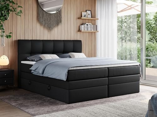 MKS MEBLE King Boxspringbett 180x200, Polsterbett 180x200 mit Bettkasten, Bett 180x200 mit Multipocket-Matratze H4, Boxspringbett 180x200 mit Kopfteil und Topper - H4 Schwarz Kunstleder - Alvin