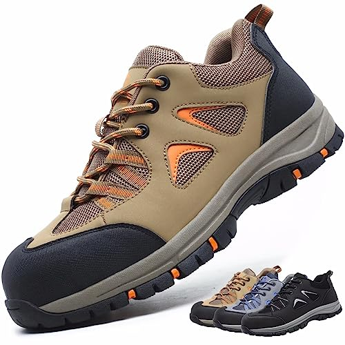 CYKYGGO Arbeitsschuhe Herren Sicherheitsschuhe Damen Leicht Atmungsaktiv rutschfeste Anti Smashing Stahlkappenschuhe Khaki 42