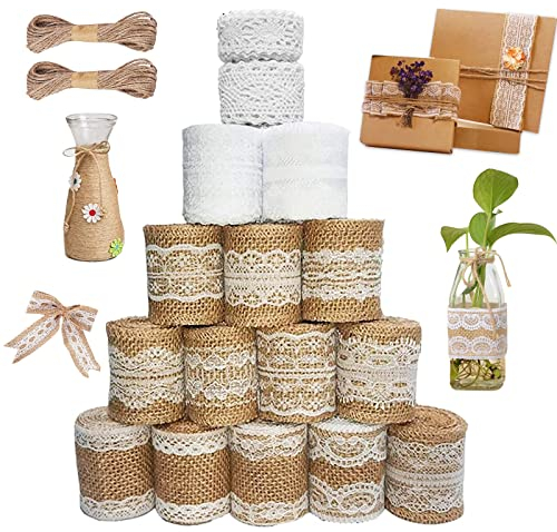 16 Roll Juteband, 12M Juteband mit Spitze+13M Spitzenband weiß Vintag, Spitzenband, Juteband Vintage Spitzenband, Natürliche Juteband, Spitze für Geschenkverpackung Tischdeko DIY Basteln Hochzeit