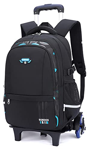Einfarbiger Rucksack mit Rollen, Camouflage-Druck, für Kinder, Schulbüchertasche, lässiger Trolley-Tagesrucksack für Jungen, Schwarz / Blau, 6 Wheels, Tagesrucksack