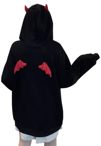 Aobiono Frauen Teufel Hoodie mit Hörnern Flügeln Kawaii Alt Anime Aesthetic Harajuku Y2K Gothic Cute Demon Japanese Dark Academia, Schwarz, M