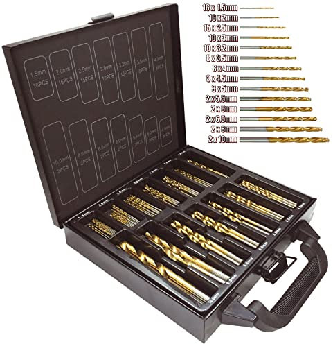 Taylor & Brown 99pcs HSS Metal Titanium Coated Steel Twist Drill Bits, 1.5-10mm Drill Bit Set for Drilling Wood, Plastic, Aluminium, Copper and Thin Iron, High Speed Steel Woodworking