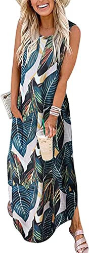 Cuptacc Kleider Damen Sommer Rundhals Ärmellos Kleid Knielang Langes Kleid mit Taschen Tropisches Blatt,Mittel M38-40
