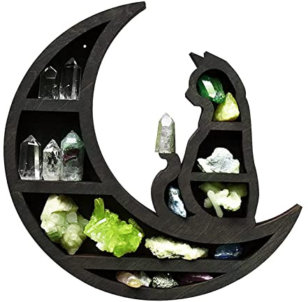 Kisbeibi Cat on The Moon Wooden Crystal Shelf, Wall Mounted Floating Shelf Crystal Display Shelf, Moon Display Shelf for Crystals Stone Essential Oil Small Plant Art Home Decor(Black)