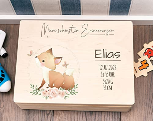 Hochzeitideal - Personalisierte Erinnerungskiste | Holzkiste New Born Fuchs | Aufbewahrungskiste | Geschenk Geburt | Erinnerungsbox Baby Taufe | Holzkiste für Kinder (XL (40x30x23), Junge)