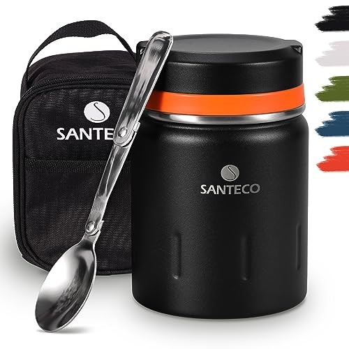 SANTECO Thermobehälter für Essen 500ml, 18/8 Edelstahl Warmhaltebehälter Speisegefäß für Essen mit Löffel und tragbaren Isolierbeutel, 24 Stunden Kalt (schwarz)