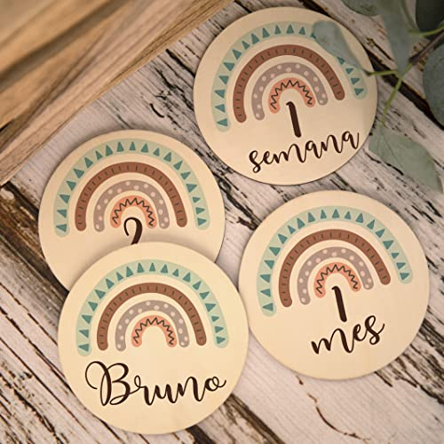 Placas cumple meses de nacimiento Arcoiris impresas en discos de madera personalizadas con nombre para regalo de bebes recien nacidos cumple mes hitos de bebe discos madera (Arcoiris)