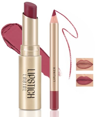 Boobeen 2 Pcs Lip Liner und Lippenstift Set, Ultra Long-Lasting Nackt Matt LipLiner Creme Lippenstift Wasserdicht Lippenfarbe