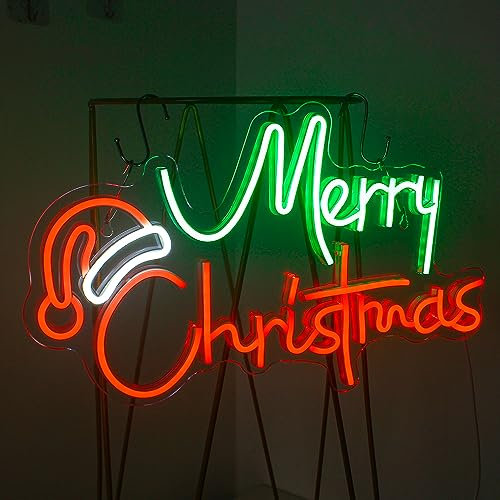 Looklight Merry Christmas Enseigne au néon Chapeau de Noël LED Néon Lettres vertes et rouges en signes lumineux au néon, Art mural pour fête de noël, chambre d'enfants, Bar, magasin