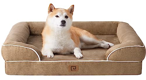EHEYCIGA Orthopädisches Hundebett Grosse Hunde, 91x68x15cm, Memory Foam Hundekorb Mittelgroße Hunde, Waschbar Hundesofa Wasserdicht rutschfest, Hundecouch mit Hohem Rand, Kamel
