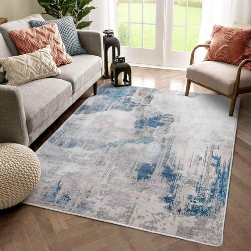 Fenisonavy Teppich Wohnzimmer Graue Blau Teppiche für Schlafzimmer Modern Abstrakter Teppiche Weich Kurzflor Rutschfester Teppich Wohnzimmer Raumdekor(See Blau/Grau/Beige, 120 x 160 cm)