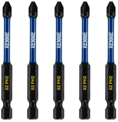 5 x Rennie Tools 75mm Long PH2 Impact Screwdriver Driver Bits Set. Magnetic Phillips No.2 Heavy Duty Impact Driver Bit Set. Long PH2 Bits. Hex Shank. Cross Head Long PH2 Bits. Black Oxide Coated