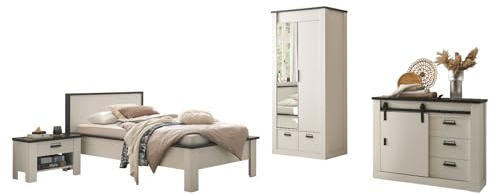 Schlafzimmer Set in weiß Pinie und grau/anthrazit mit Bett 90 x 200 cm, Kleiderschrank, Nachttisch und Kommode Kinderzimmer Jugendzimmer Kombination 4-teilig im Industrial Design Stove (Set 3)