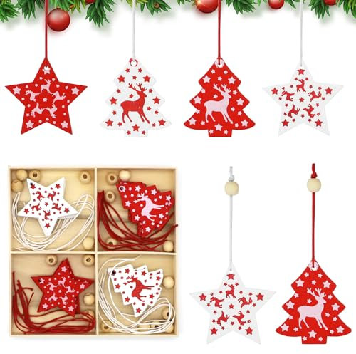 ALLY-MAGIC Wooden Ornaments - Christmas Reindeer & Star Tree Decorations, 20PCS Gift Tags for Holiday Party Decoration