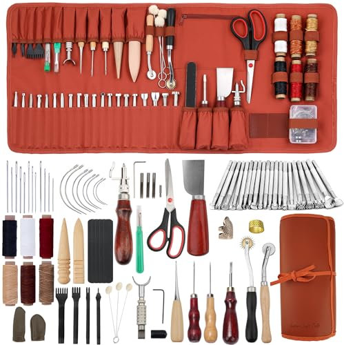 Dorhui Leather Working Tools Kit with Custom Storage Bag Leather Stamping Tools Leather Craft Making for Cutting Punching Sewing Carving Stamping