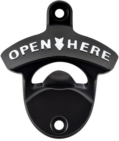 Jumiok Beer Bottle Opener Wall Mounted, Stainless Mountable Bottle Top Opener Post Mounted Outdoor with Black White OPEN HERE