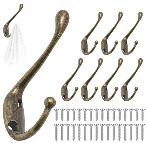 GOTRUST Bronze Coat Hook, 8pcs Vintage Metal Coat Hooks, Heavy Duty Dual Door Hook Wall Mounted, Individual Towel Hooks with 32 Screws for Hanging, Bathroom Bedroom Fitting Room
