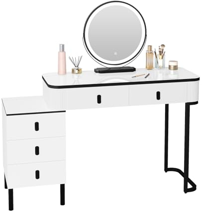 WOLTU Schminktisch mit LED Beleuchtung, 3 einstellbare Helligkeiten, Kosmetiktisch mit Mobiler Spiegel, 2 Schubladen, 1 Seitenschrank, Flexible Montage, 100x126x40 cm, Weiß + Schwarz, MB6109ws
