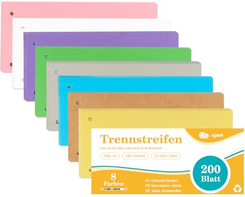 Agoer Dividers for A4 Folders, Pack of 200, 8 Colours, Folder Dividers, Colourful, 180 g/m², Printable Cardboard, Folder Dividers for Sorting, Index of Documents, 24 x 10.5 cm