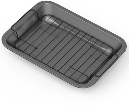 Fenghome Backblech mit abkühlgitter, Backblech mit Gestell Set für Backen/Braten/Servieren, Edelstahl Bratblech Grillgitter BBQ Backkorb-Schwarz (37x27x5cm)