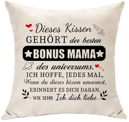 Hasodeo Original Bonus Mama Geschenk - Besten des Universums Kissenbezug - Muttertagsgeschenk Geschenkidee für Geburtstag, Stiefmutter - Dekoration Kissen