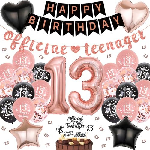Offizielle Teenager 13. Geburtstag Dekoration - 66 Stück 13 Jahre Mädchen Geburtstagsdeko Schwarz Roségold Ballons Stern Herz Folienballon Happy Birthday Banner Tortendeko Topper für 13. Geburtstag