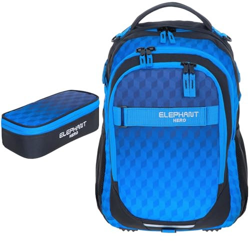 Elephant 2 Teile Set Rucksack Signature Hero Schulrucksack 12723 + Mäppchen Box (Dark Blue Cube 12868)