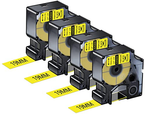 NineLeaf 4 x Kompatibel für Dymo D1 45808 S0720880 A45808 Schriftband 19mm 3/4'' Schwarz auf Gelb Etikettenband für LabelManager 300 350 350D 360D 400 420P 450 450D 500TS Beschriftungsgerät