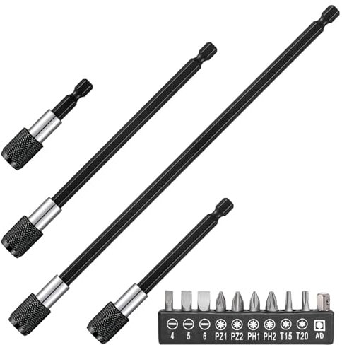 14 Pezzi Prolunga Avvitatore, Asta Prolunga in Acciaio Legato 60/100/150/300 mm, Supporto per Punta da 1/4, Trapano Magnetico con Impugnatura Esagonale, Esta di Prolunga per Avvitatore (nero)