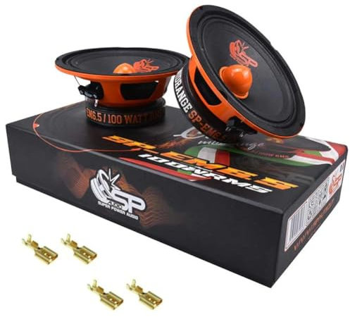 KIT Set pour SP Audio SP-EM6.5 2 Haut-parleurs midrange 16,5 cm 165 mm 6,5 diamètre, 100 Watts rms 200 Watts Max, impédance 4 ohm, sensibilité 95 DB spl, pour Voiture, par Paire + 4 faston gratuits