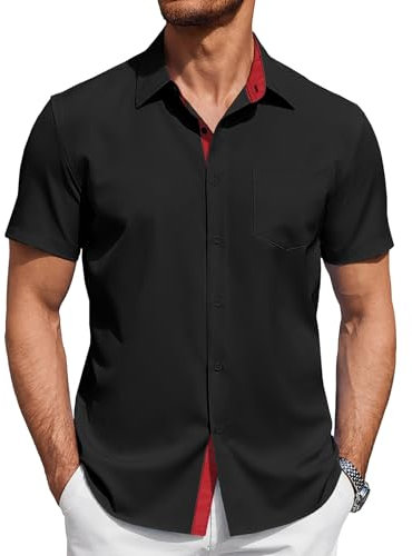 COOFANDY Short Sleeve Shirts Men Summer Casual Shirt Beach Holiday Smart Shirts Dress Lightweight Shirt with Pocket Black L