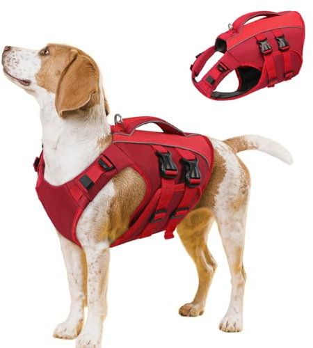 Qeenmore Giubbotto Salvagente Cane Taglia Grande - L Rosso, Ripstop, Con Maniglia Di Salvataggio, Per Bulldog Francese, Bassotto