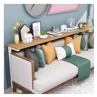 Table console couleur noyer clair, longue table derrière le canapé, table d'entrée encadrée avec barres transversales renforcées, adaptée aux bureaux, chambres et salons,D 140*15*90cm/55.1*5.9*35.4″