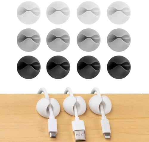 SGERUFZ 12 Piezas Organizador de Cables Autoadhesivo, Sujeta Cables para USB, Cargador, Cable de Red, Gestión de Cables para Oficina y Escritorio (3 Colores)