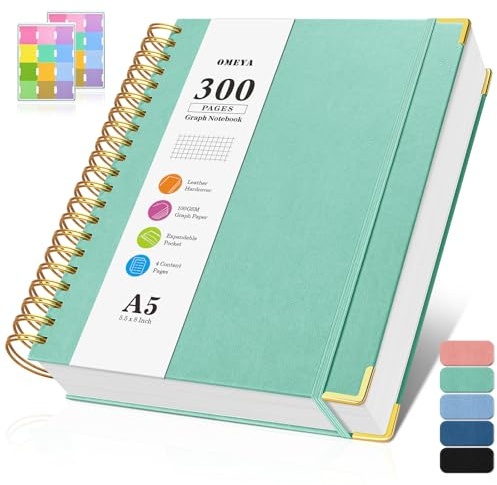 Notizblock A5 Kariert, Spiralblock Notizbuch mit 300 Seiten, 100GSMblock kariert, Hardcover Leder Spiralbindung Notebook für Frauen und Männer,Großes Notizbücher für Arbeit Büro Schule, 14 x 21cm