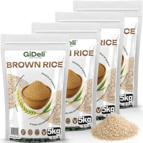 GiDeli Vollkornreis 4x5kg - Brauner Reis Langkorn, Naturbelassen & Nussig | Ungeschältes Korn, Silberhäutchen erhalten, Zip-Beutel, vegan, glutenfrei, für Reiskocher, Bowls, Curry, Salate, Wok