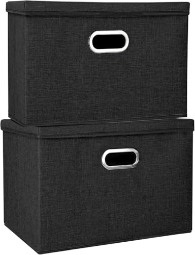 M.J COMFY-LIFE 2 Pack Storage Boxes with Lids 45x30x30cm Large Collapsible Storage Baskets for Shelves Foldable Linen Fabric Storage Bin Cube Storage Unit for Organizing Clothes Toys (Black)