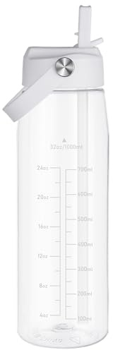 OLDLEY 1000ml/32oz Water Bottle with Straw Tritan 1 Litre Clear Drinks Bottle with Handle BPA Free Leakproof Reusable Large Sports Bottle for Gym, School, Cycling (Transparent)