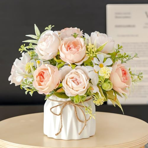AUSHOPLAH Flores artificiales, flores artificiales como verdaderas, flores artísticas en jarrón, macetas pequeñas de escritorio, flores decorativas para bodas E18 (H Rosa)