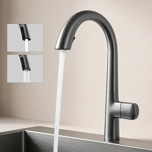 Mai & Mai Wasserhahn Küche ausziehbar, Küchenarmatur aus Messing Grau | 360° Schwenkbar Mischbatterie mit Einhebelmischer, Spültischarmatur Küchenwasserhahn MS-8095