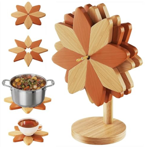 ZHMUZ Wooden Windmill Trivets for Kitchen Worktops, 23 * 15 cm, Beige/Brown | Heat-resistant Tripod for Holding Hot Dishes, Bamboo Pot Rack Suitable for Dining Table Tops Heat Mats