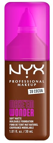 NYX Professional Makeup Make 'Em Wonder Foundation, 24H Soft Matte Aufbaubare Foundation, Mit hoher Deckkraft, Mattes Finish, 38 Cocoa