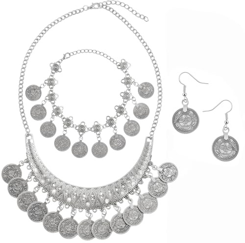 IHLOOTD Schmuck Wahrsagerin Münze Halskette Armband Ohrringe Set Wahrsagerin Schmuck Piraten Damen Orientalischer Bauchtanz Indischer Accessoires Karneval