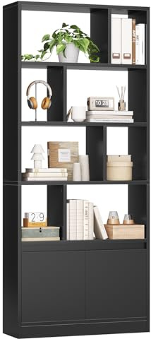 FORABAMB Bücherregal aus Holz, Bücherschrank Hoch mit 4 Ebenen und offenes Aufbewahrungsregal, Standregal Regal mit Türen für Wohnzimmer, Schlafzimmer, Büro, Arbeitszimmer, 155x60x24 cm, Schwarz